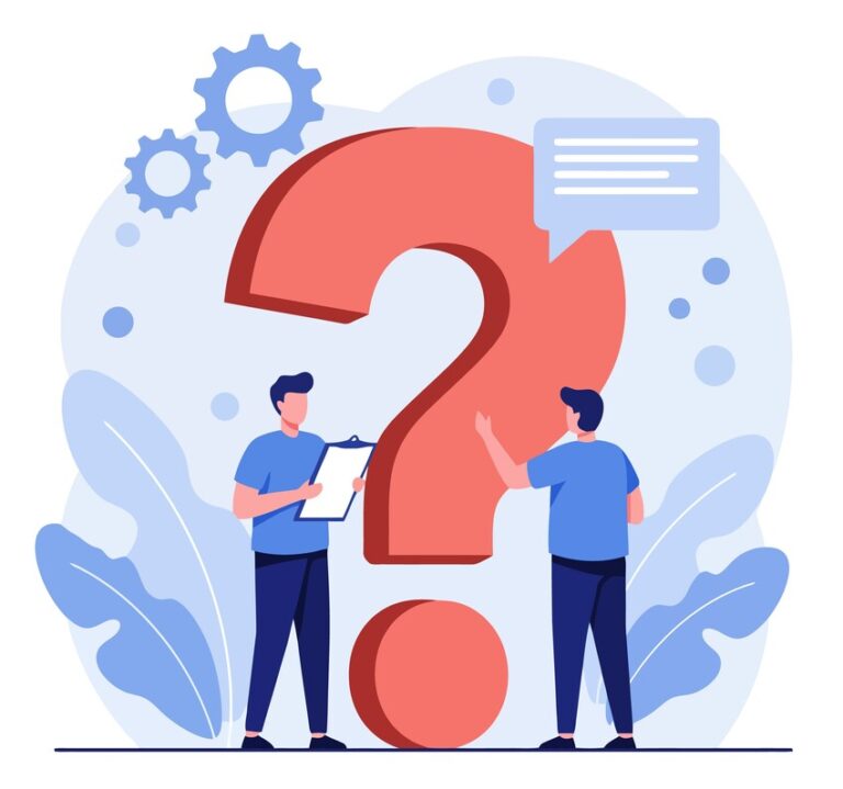 Two Men Discussing Solutions Near a Large Question Mark