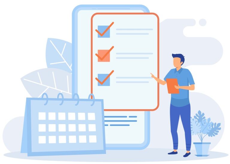 Schedule planning illustration. Characters planning work tasks, filling check list, making schedule using calendar. Business and organization concept. flat vector modern illustration