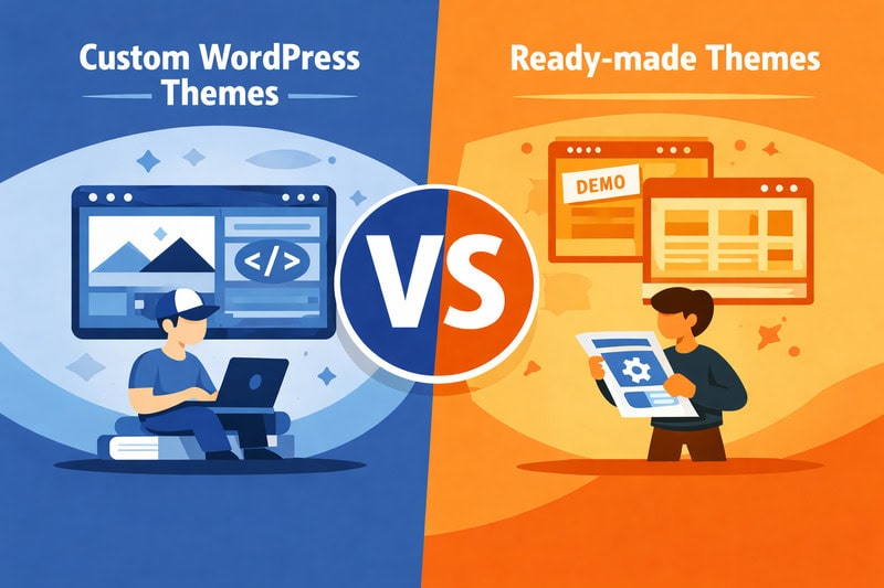 Split illustration comparing custom WordPress themes and ready-made themes with a “VS” in the center.