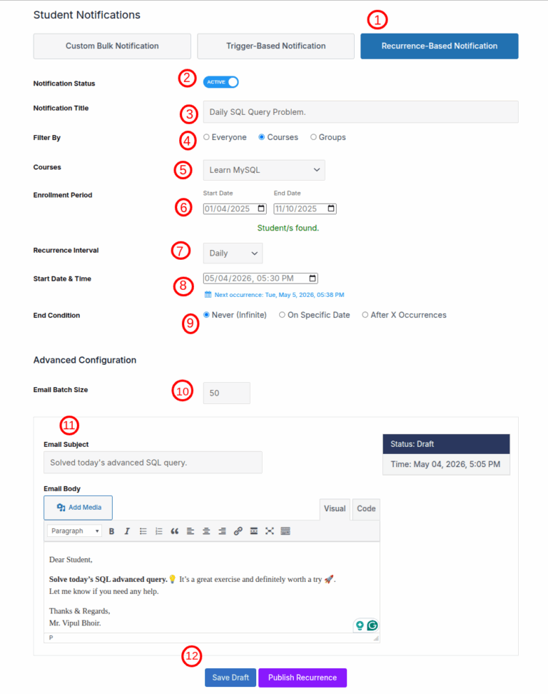 Recurrence -Frontend Notification